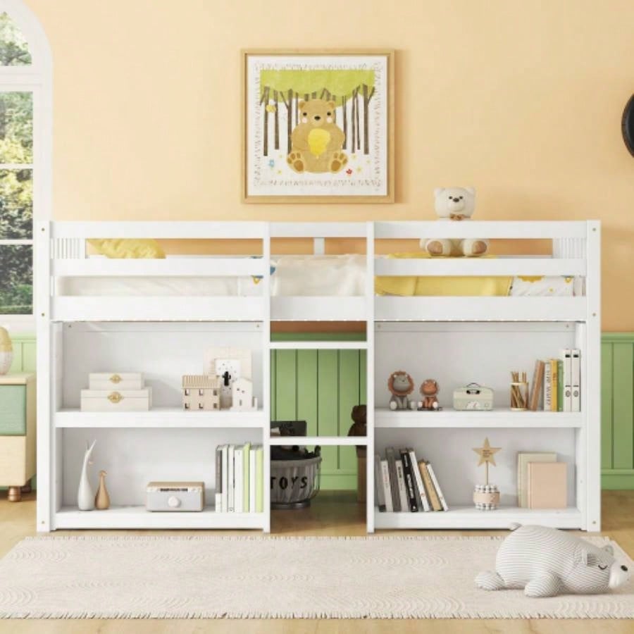 Twin Size Kid Low Loft Bed With Two - Tier Shelves And LED Light White Color