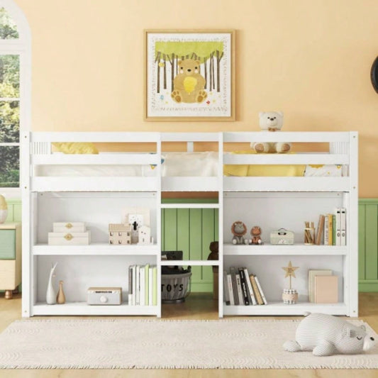Twin Size Kid Low Loft Bed With Two - Tier Shelves And LED Light White Color