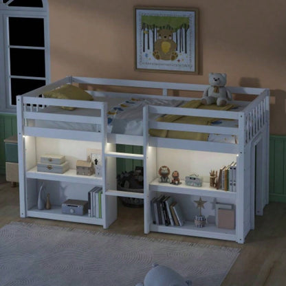Twin Size Kid Low Loft Bed With Two - Tier Shelves And LED Light White Color