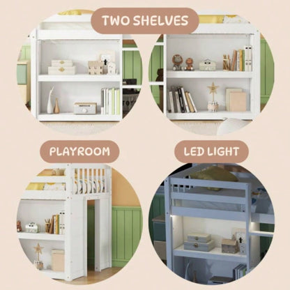 Twin Size Kid Low Loft Bed With Two - Tier Shelves And LED Light White Color