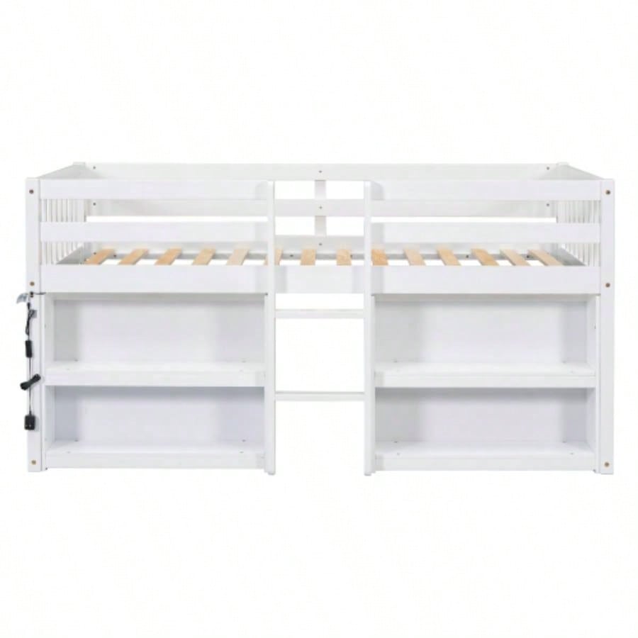 Twin Size Kid Low Loft Bed With Two - Tier Shelves And LED Light White Color