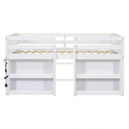 Twin Size Kid Low Loft Bed With Two - Tier Shelves And LED Light White Color