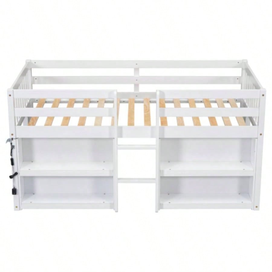 Twin Size Kid Low Loft Bed With Two - Tier Shelves And LED Light White Color