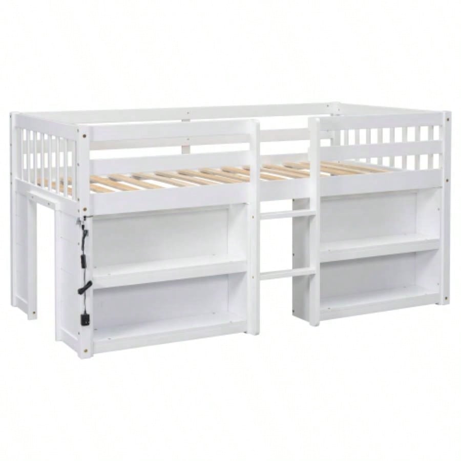 Twin Size Kid Low Loft Bed With Two - Tier Shelves And LED Light White Color