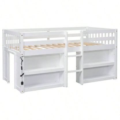 Twin Size Kid Low Loft Bed With Two - Tier Shelves And LED Light White Color
