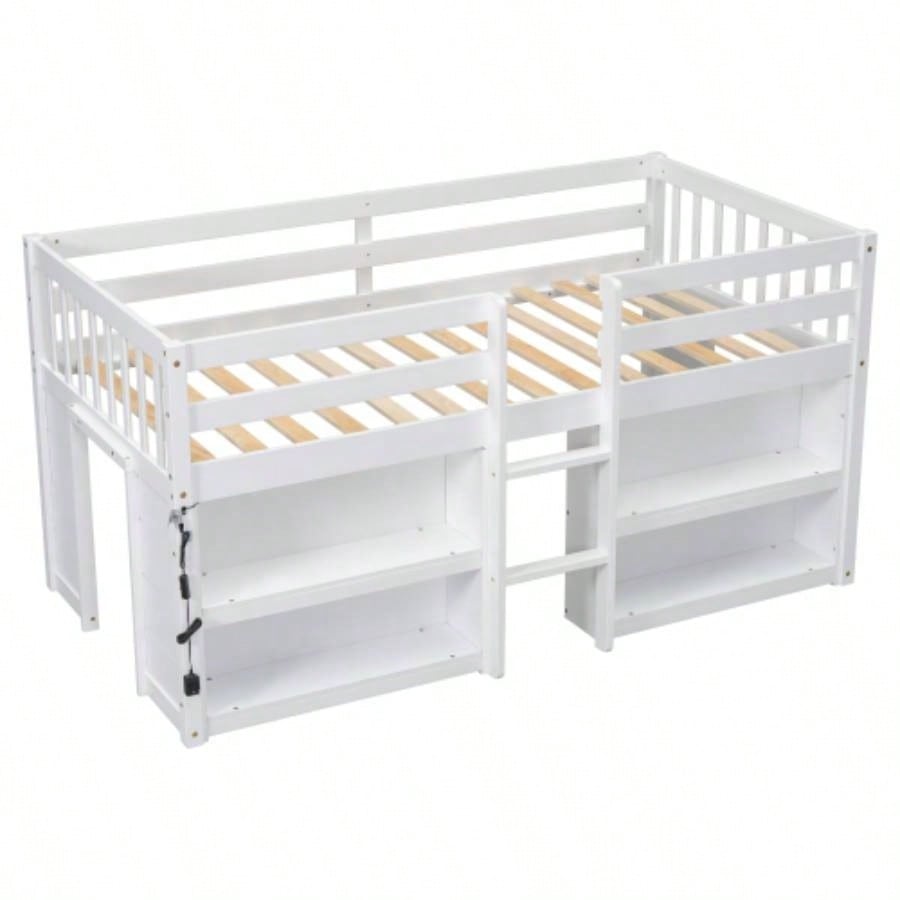 Twin Size Kid Low Loft Bed With Two - Tier Shelves And LED Light White Color