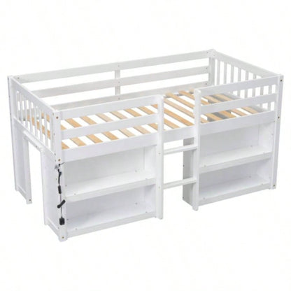 Twin Size Kid Low Loft Bed With Two - Tier Shelves And LED Light White Color