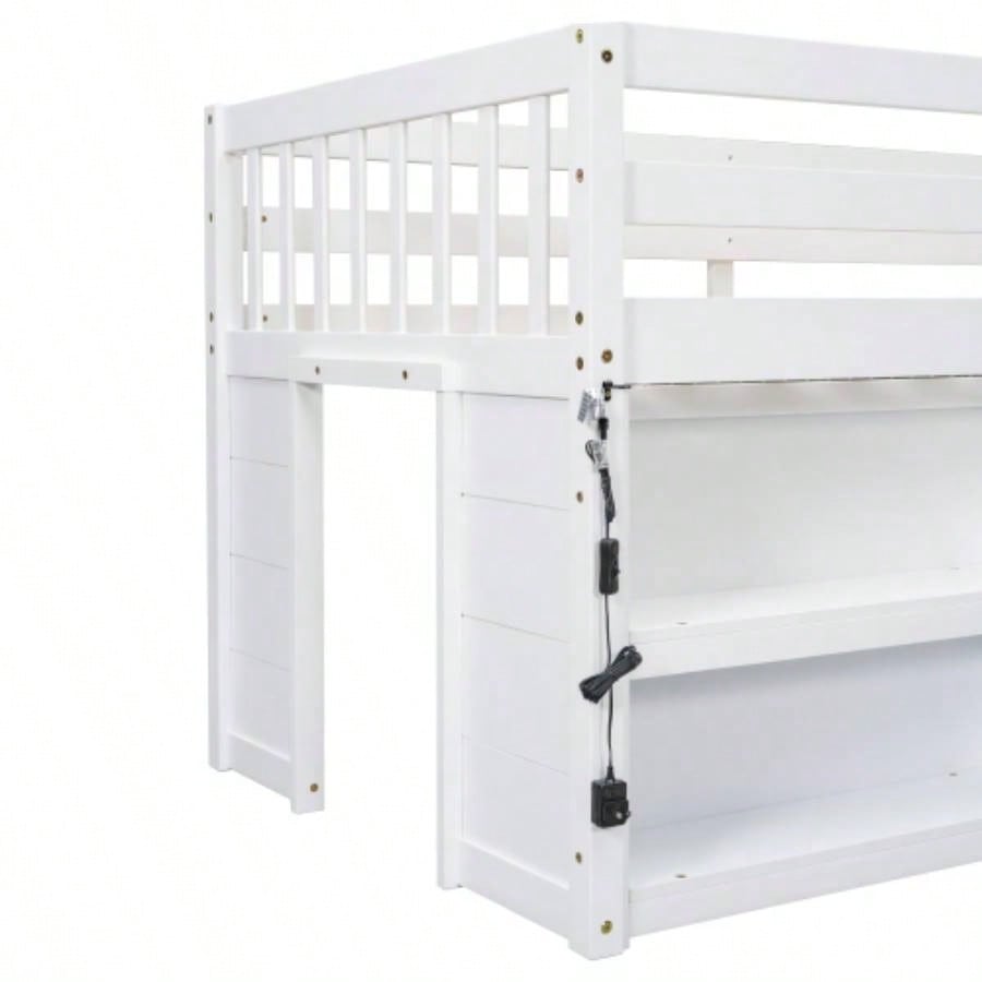 Twin Size Kid Low Loft Bed With Two - Tier Shelves And LED Light White Color