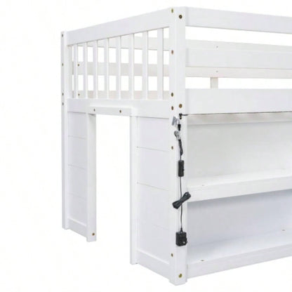 Twin Size Kid Low Loft Bed With Two - Tier Shelves And LED Light White Color
