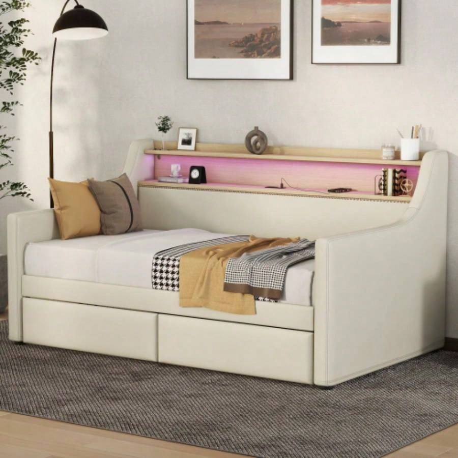 Twin Size Daybed with Storage Drawers, Upholstered Daybed with Charging Station and LED Lights, Beige Expect arrive date: Jun. 20th.