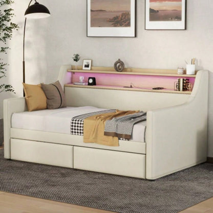 Twin Size Daybed with Storage Drawers, Upholstered Daybed with Charging Station and LED Lights, Beige Expect arrive date: Jun. 20th.
