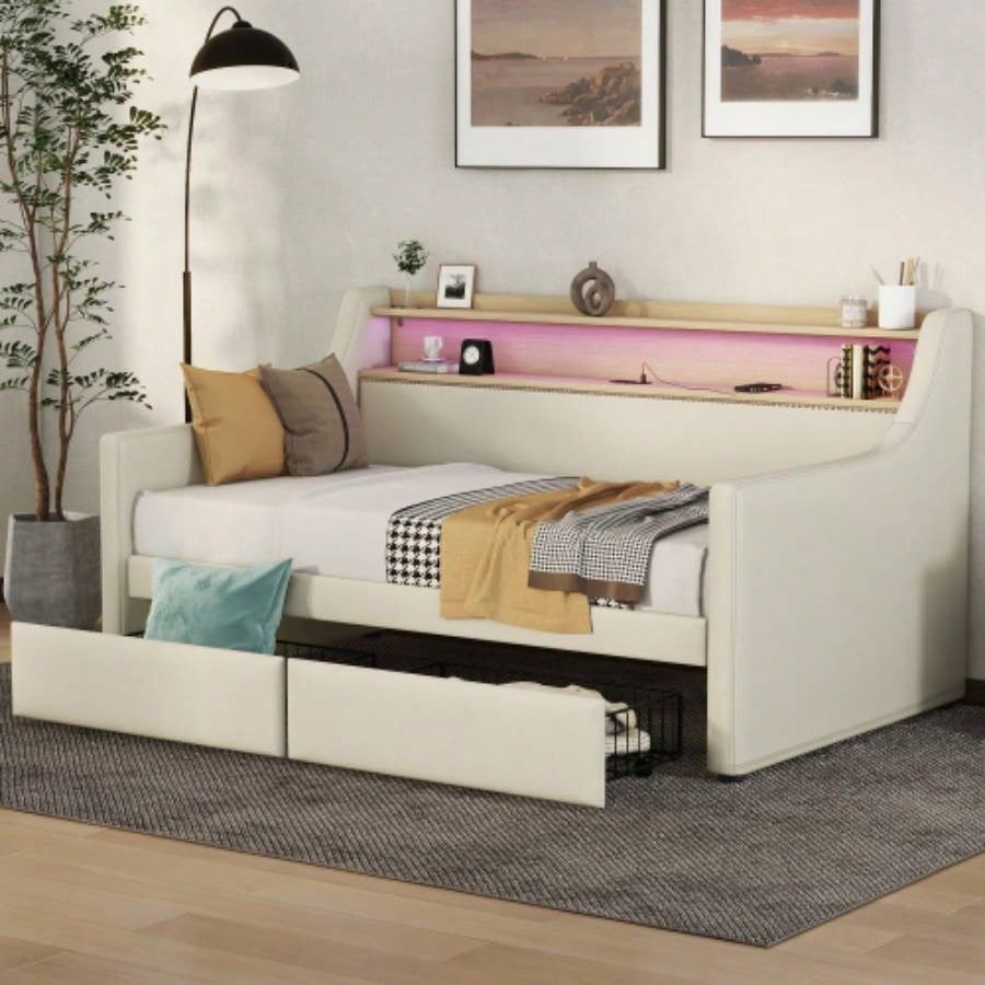 Twin Size Daybed with Storage Drawers, Upholstered Daybed with Charging Station and LED Lights, Beige Expect arrive date: Jun. 20th.