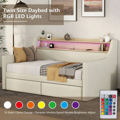 Twin Size Daybed with Storage Drawers, Upholstered Daybed with Charging Station and LED Lights, Beige Expect arrive date: Jun. 20th.