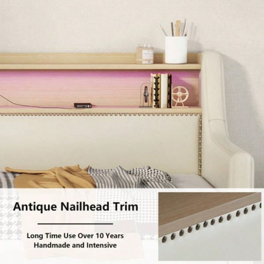 Twin Size Daybed with Storage Drawers, Upholstered Daybed with Charging Station and LED Lights, Beige Expect arrive date: Jun. 20th.