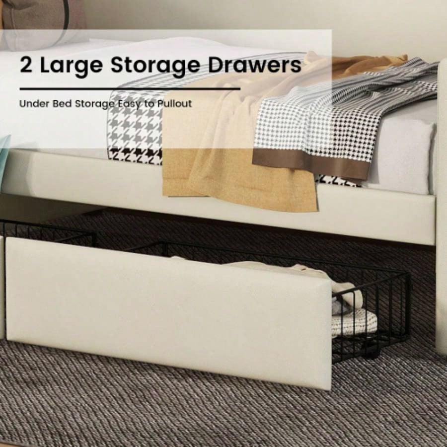 Twin Size Daybed with Storage Drawers, Upholstered Daybed with Charging Station and LED Lights, Beige Expect arrive date: Jun. 20th.