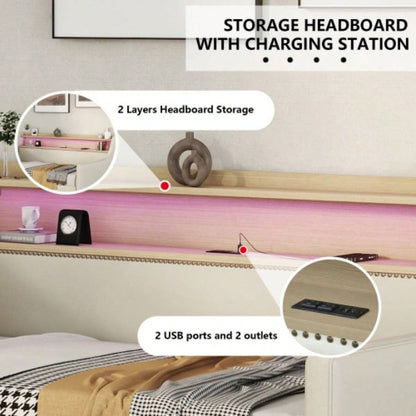 Twin Size Daybed with Storage Drawers, Upholstered Daybed with Charging Station and LED Lights, Beige Expect arrive date: Jun. 20th.