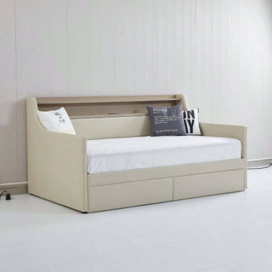 Twin Size Daybed with Storage Drawers, Upholstered Daybed with Charging Station and LED Lights, Beige Expect arrive date: Jun. 20th.