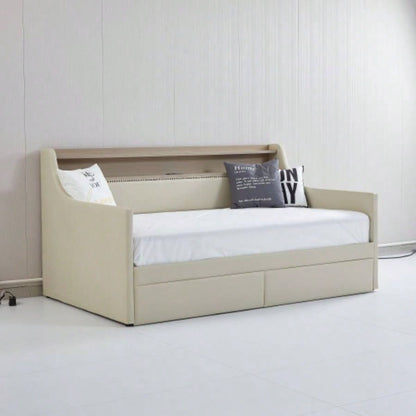 Twin Size Daybed with Storage Drawers, Upholstered Daybed with Charging Station and LED Lights, Beige Expect arrive date: Jun. 20th.
