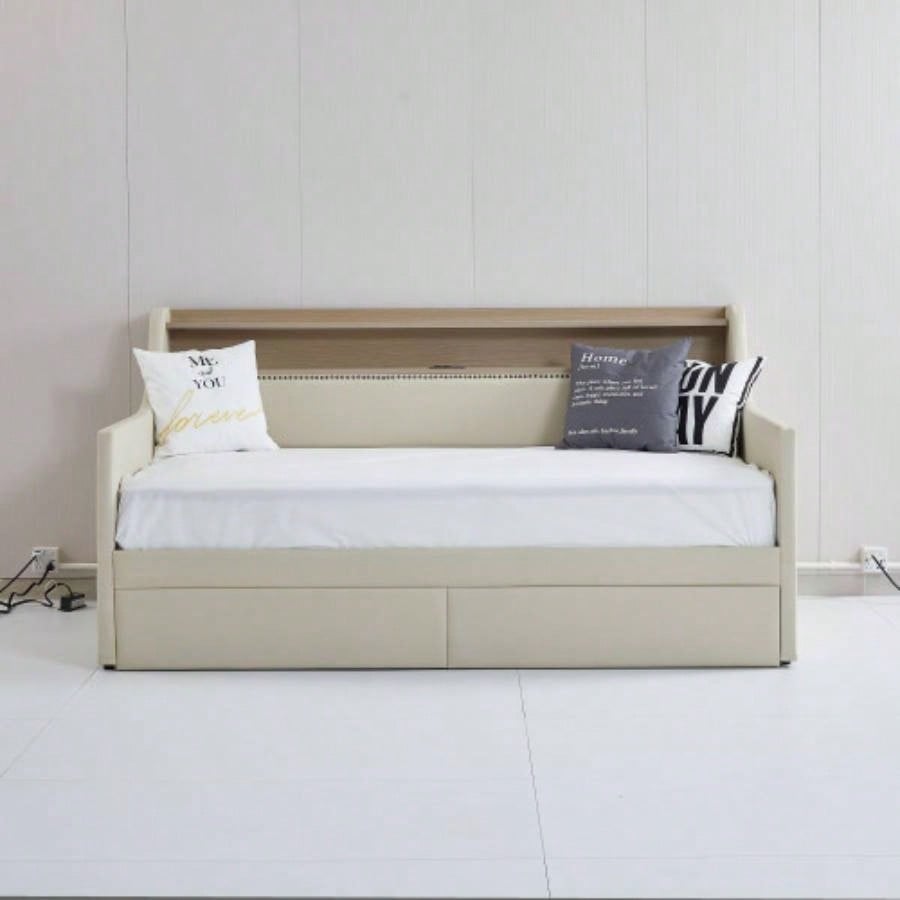 Twin Size Daybed with Storage Drawers, Upholstered Daybed with Charging Station and LED Lights, Beige Expect arrive date: Jun. 20th.