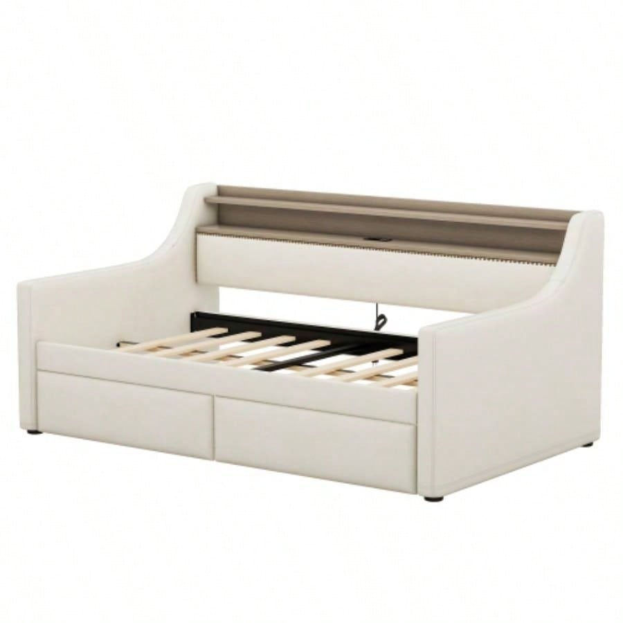 Twin Size Daybed with Storage Drawers, Upholstered Daybed with Charging Station and LED Lights, Beige Expect arrive date: Jun. 20th.