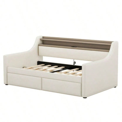 Twin Size Daybed with Storage Drawers, Upholstered Daybed with Charging Station and LED Lights, Beige Expect arrive date: Jun. 20th.