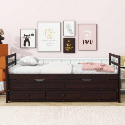 Twin Size Bed with Headboard, Footboard, Trundle and Three Storage Drawers, Twin Size Pine Wood Bed with Headboard, Footboard, Espresso