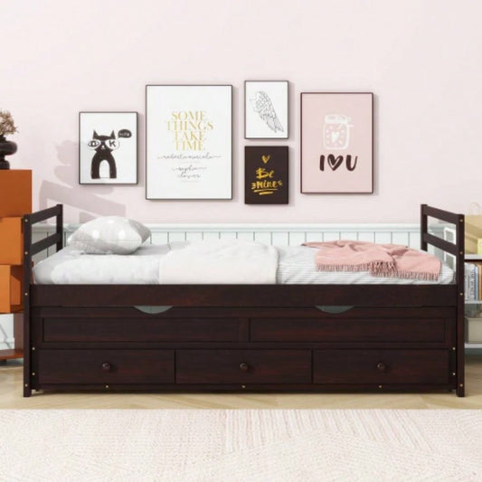 Twin Size Bed with Headboard, Footboard, Trundle and Three Storage Drawers, Twin Size Pine Wood Bed with Headboard, Footboard, Espresso