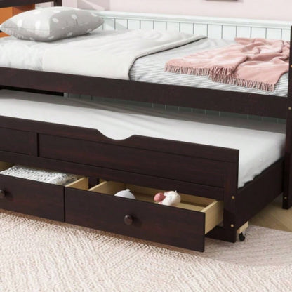 Twin Size Bed with Headboard, Footboard, Trundle and Three Storage Drawers, Twin Size Pine Wood Bed with Headboard, Footboard, Espresso