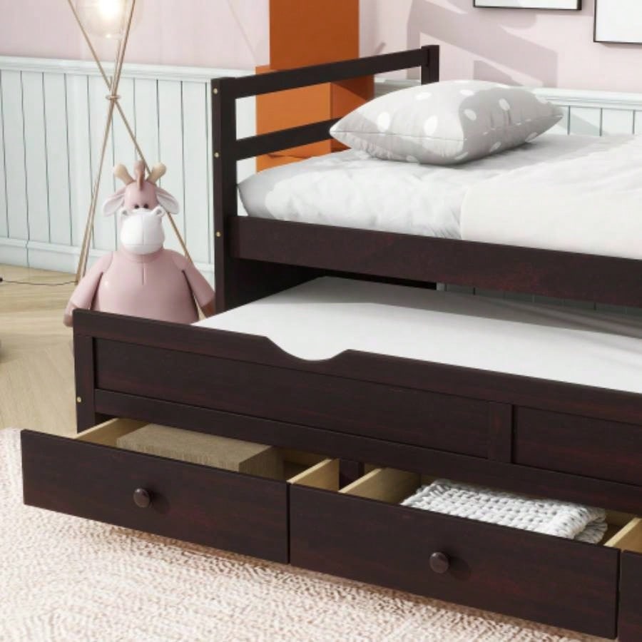 Twin Size Bed with Headboard, Footboard, Trundle and Three Storage Drawers, Twin Size Pine Wood Bed with Headboard, Footboard, Espresso