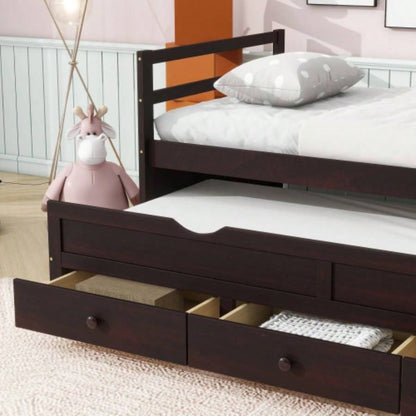 Twin Size Bed with Headboard, Footboard, Trundle and Three Storage Drawers, Twin Size Pine Wood Bed with Headboard, Footboard, Espresso