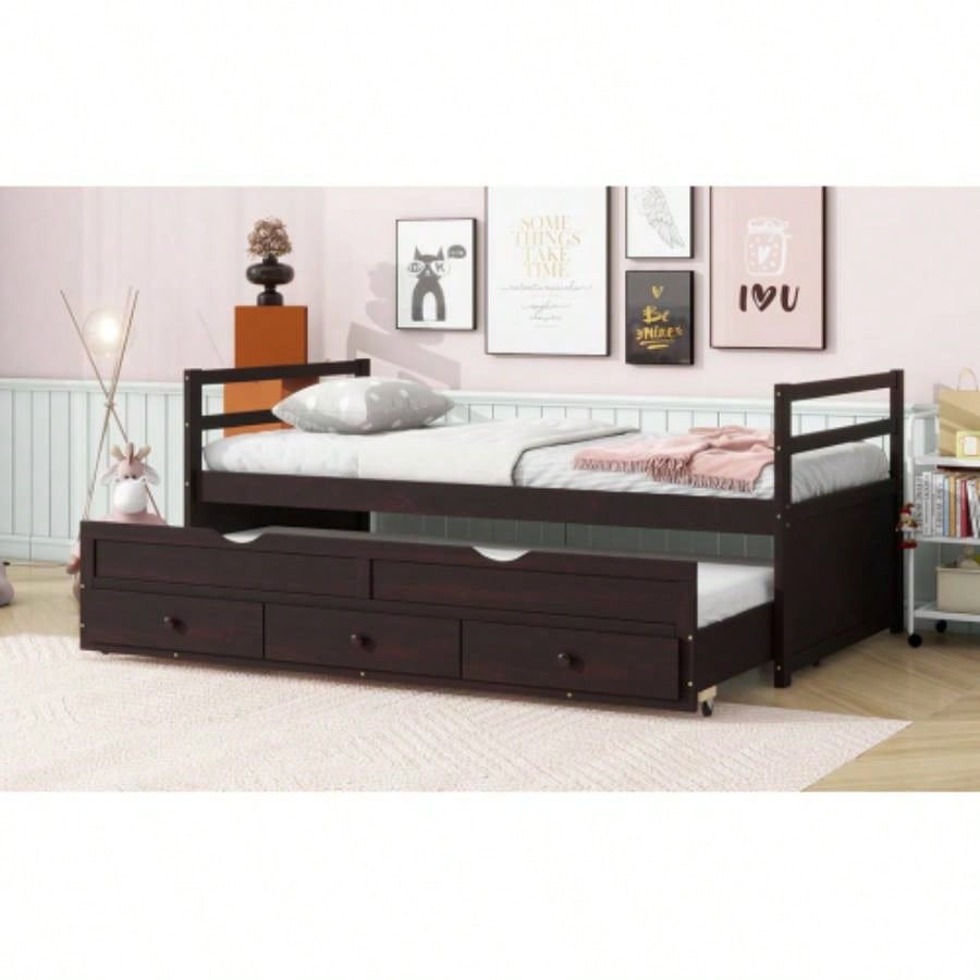 Twin Size Bed with Headboard, Footboard, Trundle and Three Storage Drawers, Twin Size Pine Wood Bed with Headboard, Footboard, Espresso