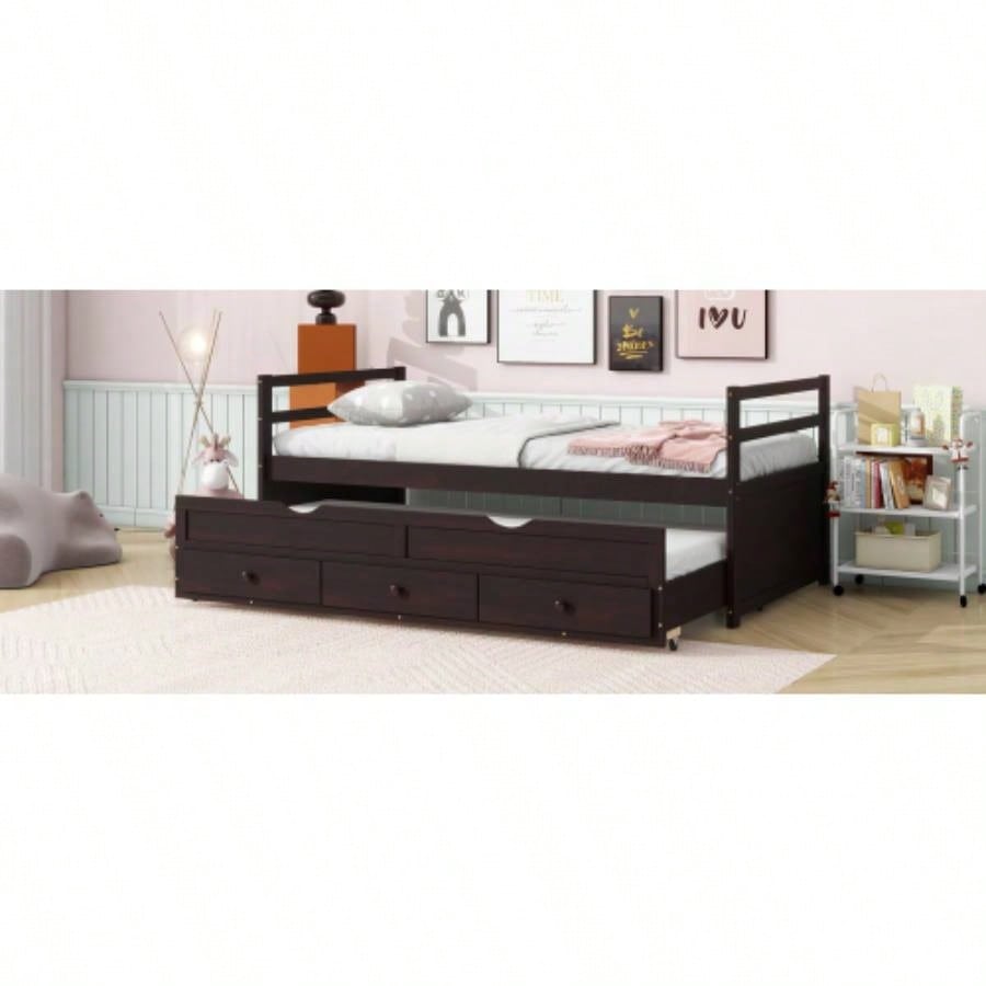 Twin Size Bed with Headboard, Footboard, Trundle and Three Storage Drawers, Twin Size Pine Wood Bed with Headboard, Footboard, Espresso