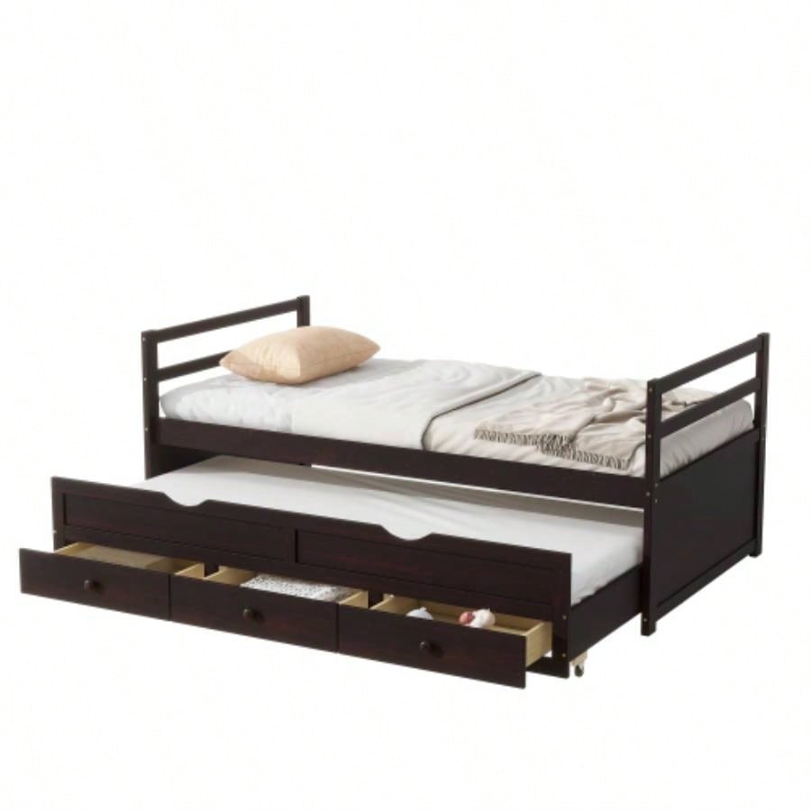 Twin Size Bed with Headboard, Footboard, Trundle and Three Storage Drawers, Twin Size Pine Wood Bed with Headboard, Footboard, Espresso