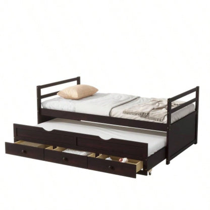Twin Size Bed with Headboard, Footboard, Trundle and Three Storage Drawers, Twin Size Pine Wood Bed with Headboard, Footboard, Espresso