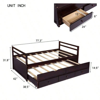 Twin Size Bed with Headboard, Footboard, Trundle and Three Storage Drawers, Twin Size Pine Wood Bed with Headboard, Footboard, Espresso