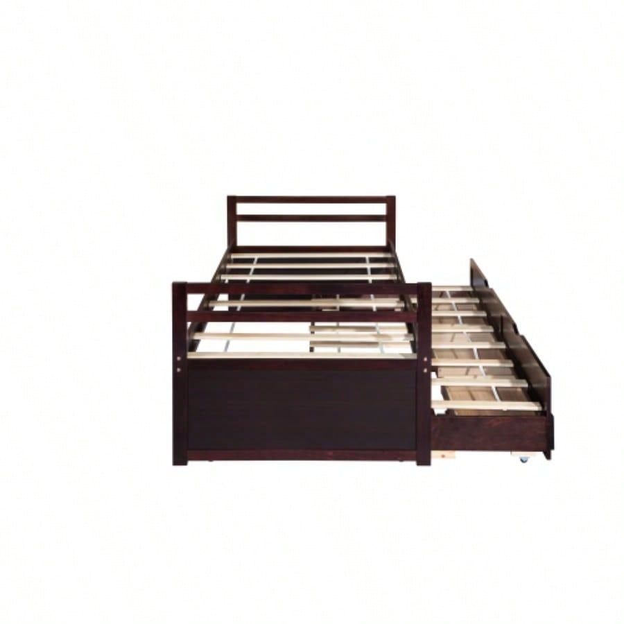 Twin Size Bed with Headboard, Footboard, Trundle and Three Storage Drawers, Twin Size Pine Wood Bed with Headboard, Footboard, Espresso