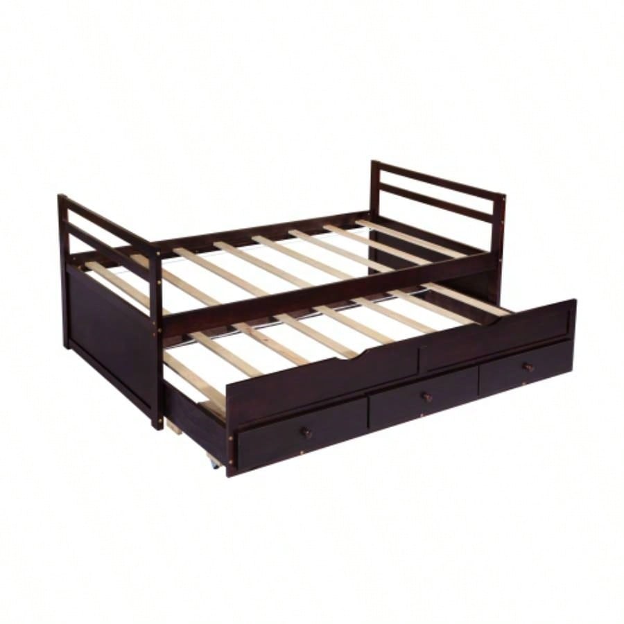 Twin Size Bed with Headboard, Footboard, Trundle and Three Storage Drawers, Twin Size Pine Wood Bed with Headboard, Footboard, Espresso