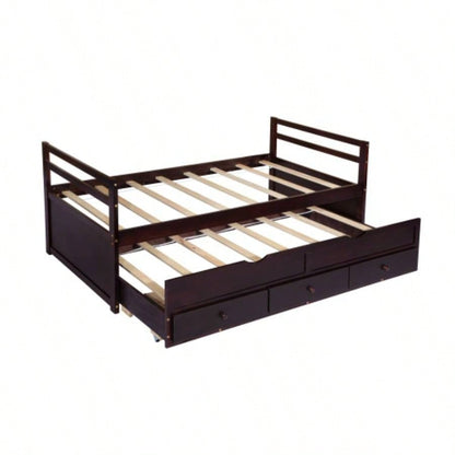 Twin Size Bed with Headboard, Footboard, Trundle and Three Storage Drawers, Twin Size Pine Wood Bed with Headboard, Footboard, Espresso