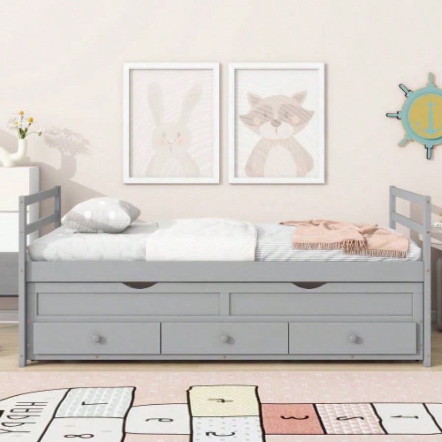 Twin Size Bed with Headboard, Footboard, Trundle and Three Storage Drawers, Twin Size Pine Wood Bed with Headboard, Footboard, Espresso