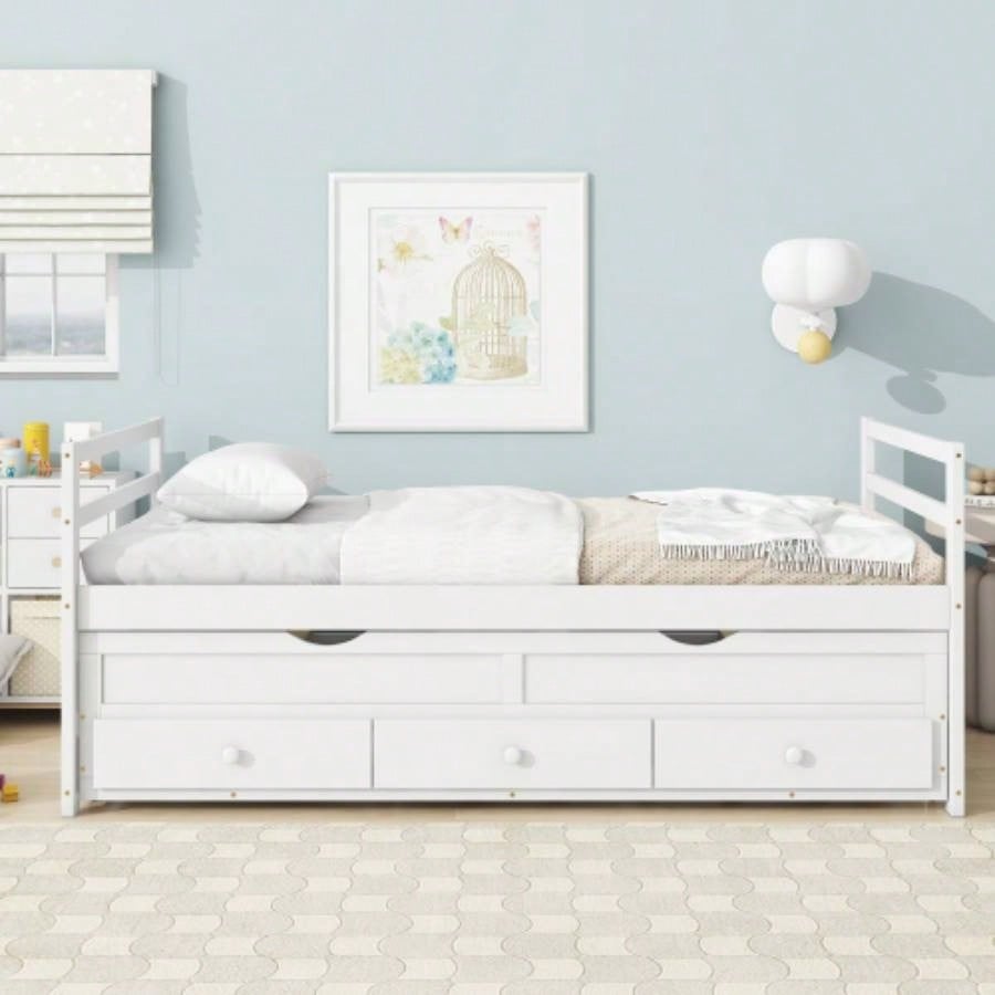 Twin Size Bed with Headboard, Footboard, Trundle and Three Storage Drawers, Twin Size Pine Wood Bed with Headboard, Footboard, Espresso