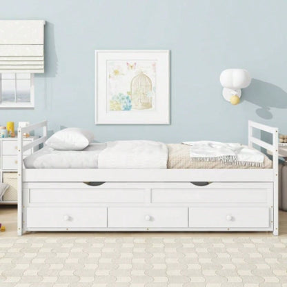 Twin Size Bed with Headboard, Footboard, Trundle and Three Storage Drawers, Twin Size Pine Wood Bed with Headboard, Footboard, Espresso