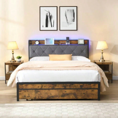 King Bed Frame with Storage, Bed Frame with LED Lights Upholstered Headboard and 2 Drawers, USB Charging Station, No Box Spring Needed, Easy Assembly, KING
