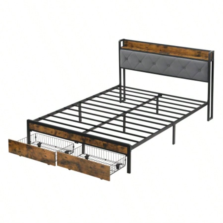 Bed Frame with Storage, Bed Frame with LED Lights Upholstered Headboard and 2 Drawers, USB Charging Station, No Box Spring Needed, Easy Assembly,