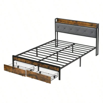 Bed Frame with Storage, Bed Frame with LED Lights Upholstered Headboard and 2 Drawers, USB Charging Station, No Box Spring Needed, Easy Assembly,