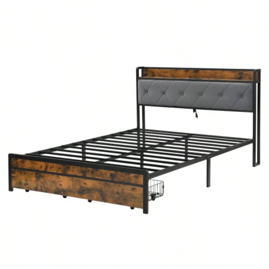 Bed Frame with Storage, Bed Frame with LED Lights Upholstered Headboard and 2 Drawers, USB Charging Station, No Box Spring Needed, Easy Assembly,