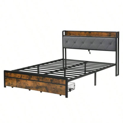 Bed Frame with Storage, Bed Frame with LED Lights Upholstered Headboard and 2 Drawers, USB Charging Station, No Box Spring Needed, Easy Assembly,