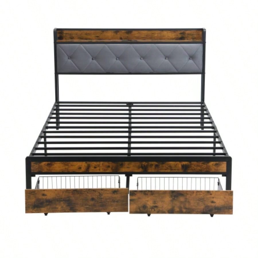 Bed Frame with Storage, Bed Frame with LED Lights Upholstered Headboard and 2 Drawers, USB Charging Station, No Box Spring Needed, Easy Assembly,