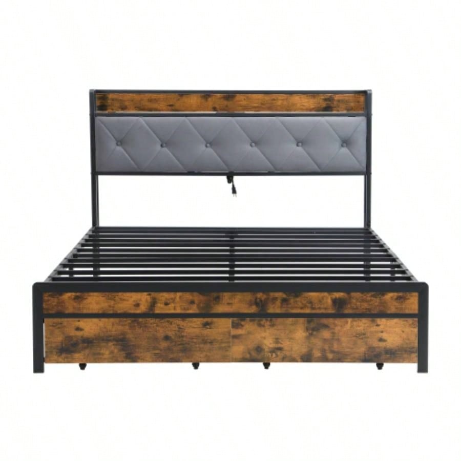 Bed Frame with Storage, Bed Frame with LED Lights Upholstered Headboard and 2 Drawers, USB Charging Station, No Box Spring Needed, Easy Assembly,