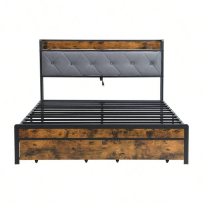 Bed Frame with Storage, Bed Frame with LED Lights Upholstered Headboard and 2 Drawers, USB Charging Station, No Box Spring Needed, Easy Assembly,