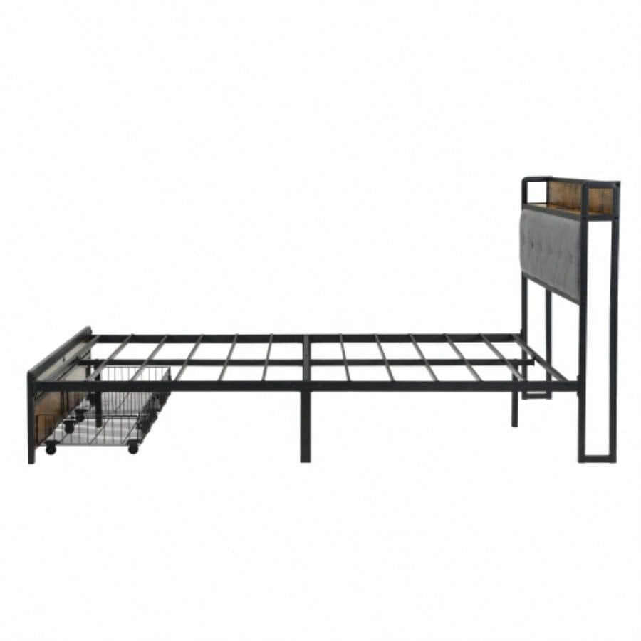 Bed Frame with Storage, Bed Frame with LED Lights Upholstered Headboard and 2 Drawers, USB Charging Station, No Box Spring Needed, Easy Assembly,